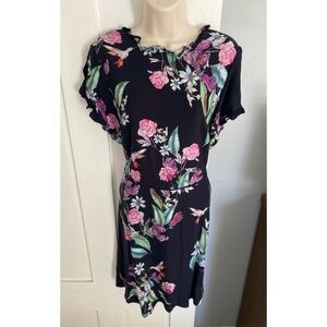 Oasis Hummingbird Floral High-Neck Short Sleeved Fit & Flare Dress Medium